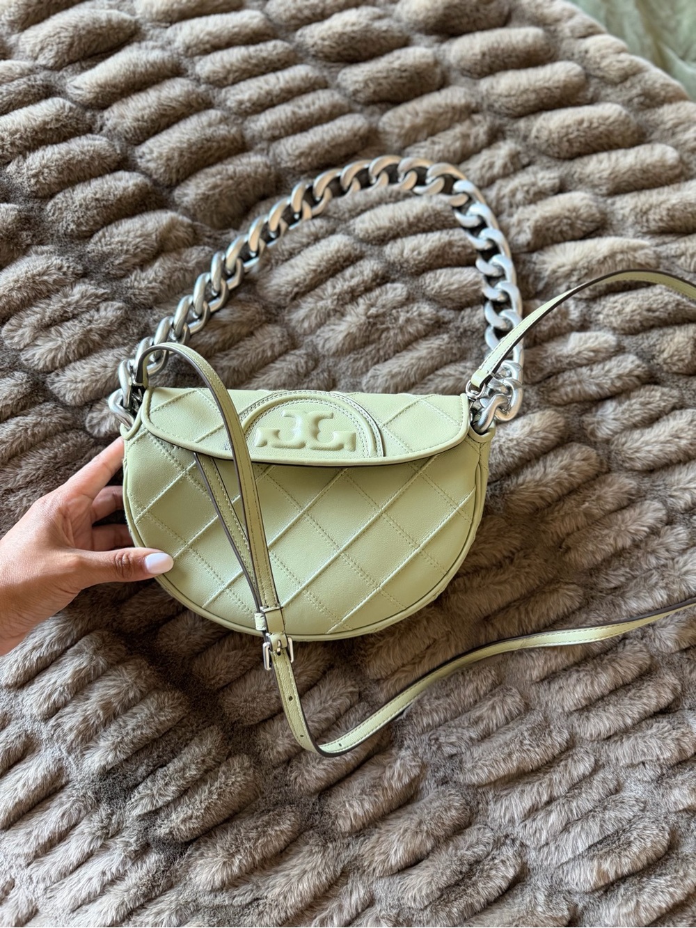 Tory Burch Quilted Crescent Crossbody in Light Green
